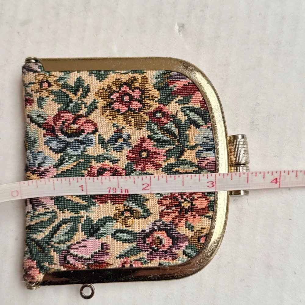 Vintage Floral Tapestry Coin Purse Kiss Lock Gold Tone Dual Compartment Mini Bag